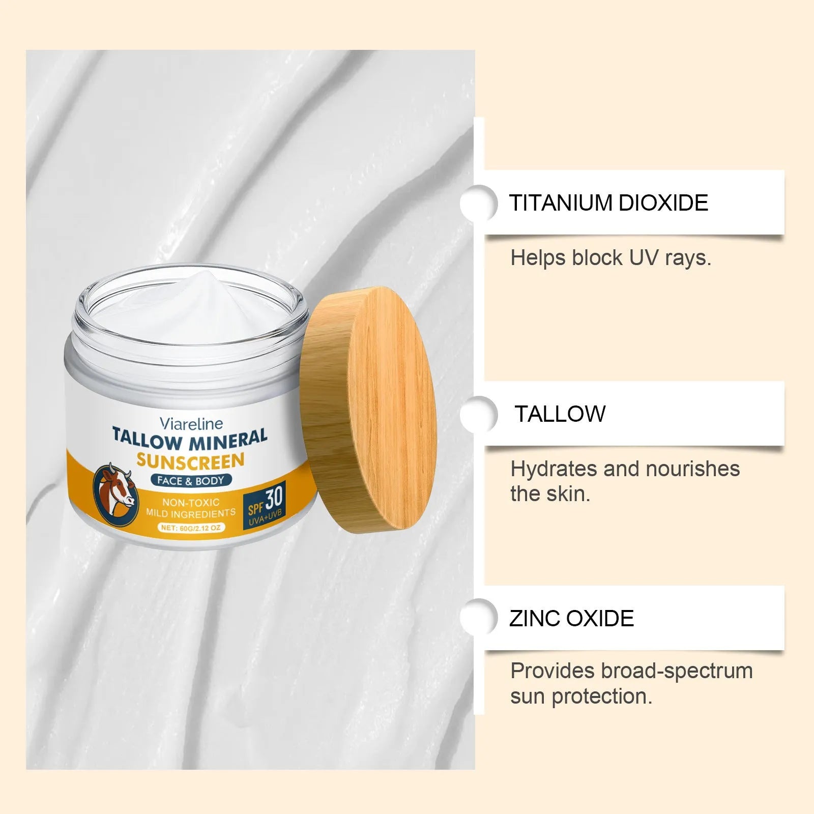60g tube of cow fat moisturising sunscreen with mineral UV filters