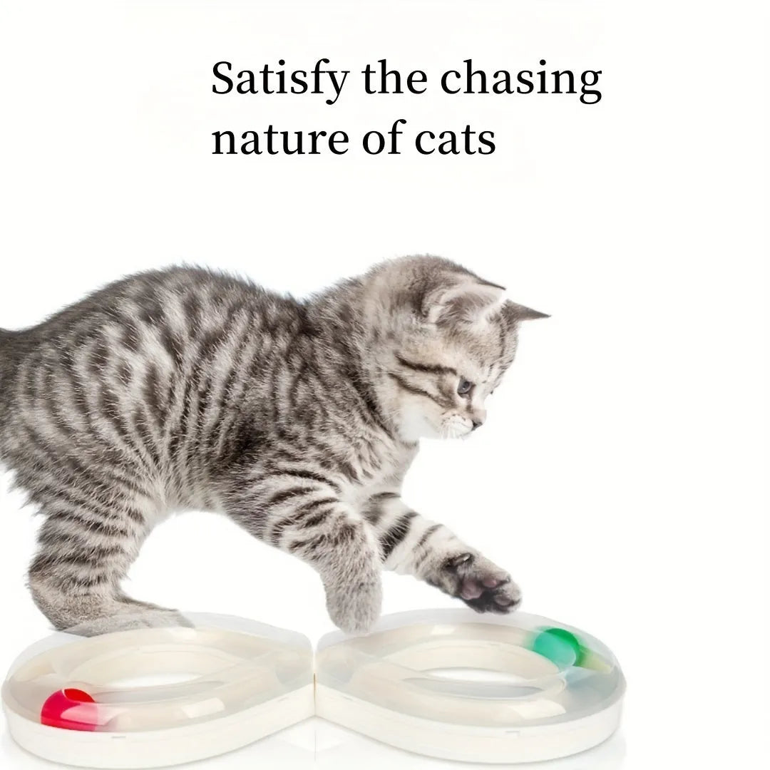 Blue interactive cat play track with turntable ball and four toy attachments on a white background.