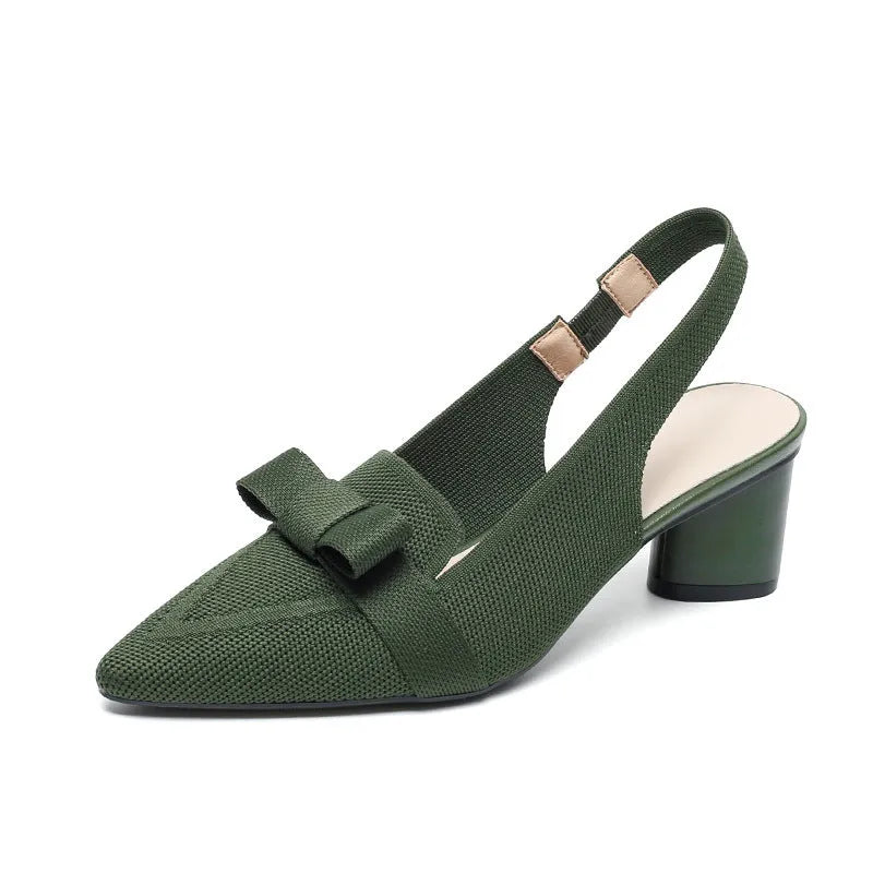 Women's closed toe high heel sandals with bow detail and ankle buckle back strap in solid summer colours