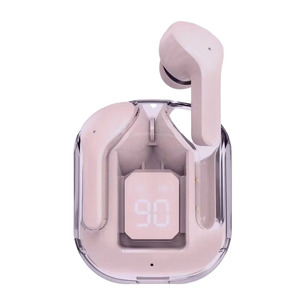 Transparent space capsule case true wireless Bluetooth earphones showing digital display and multiple colour options