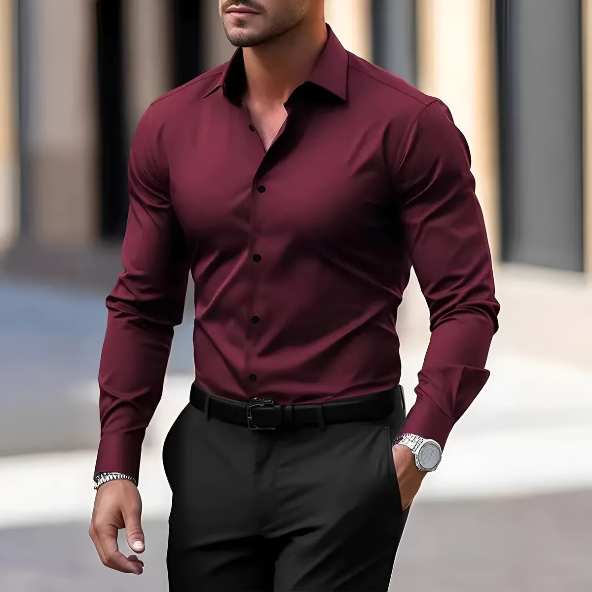 Men's business button down shirt in velvet polyester fabric, long sleeve lapel style, solid colour available in navy blue