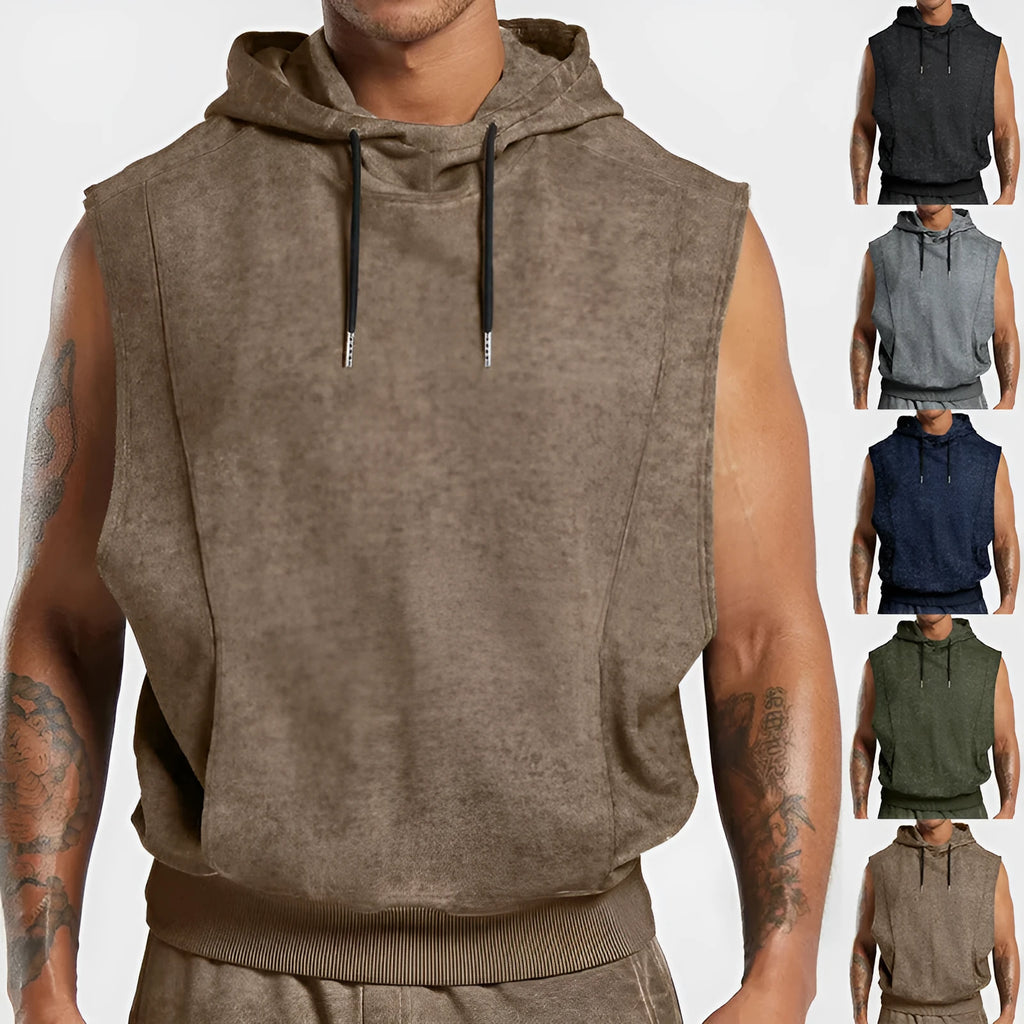 Men's distressed floral print sleeveless hooded top with 3D patch pocket
