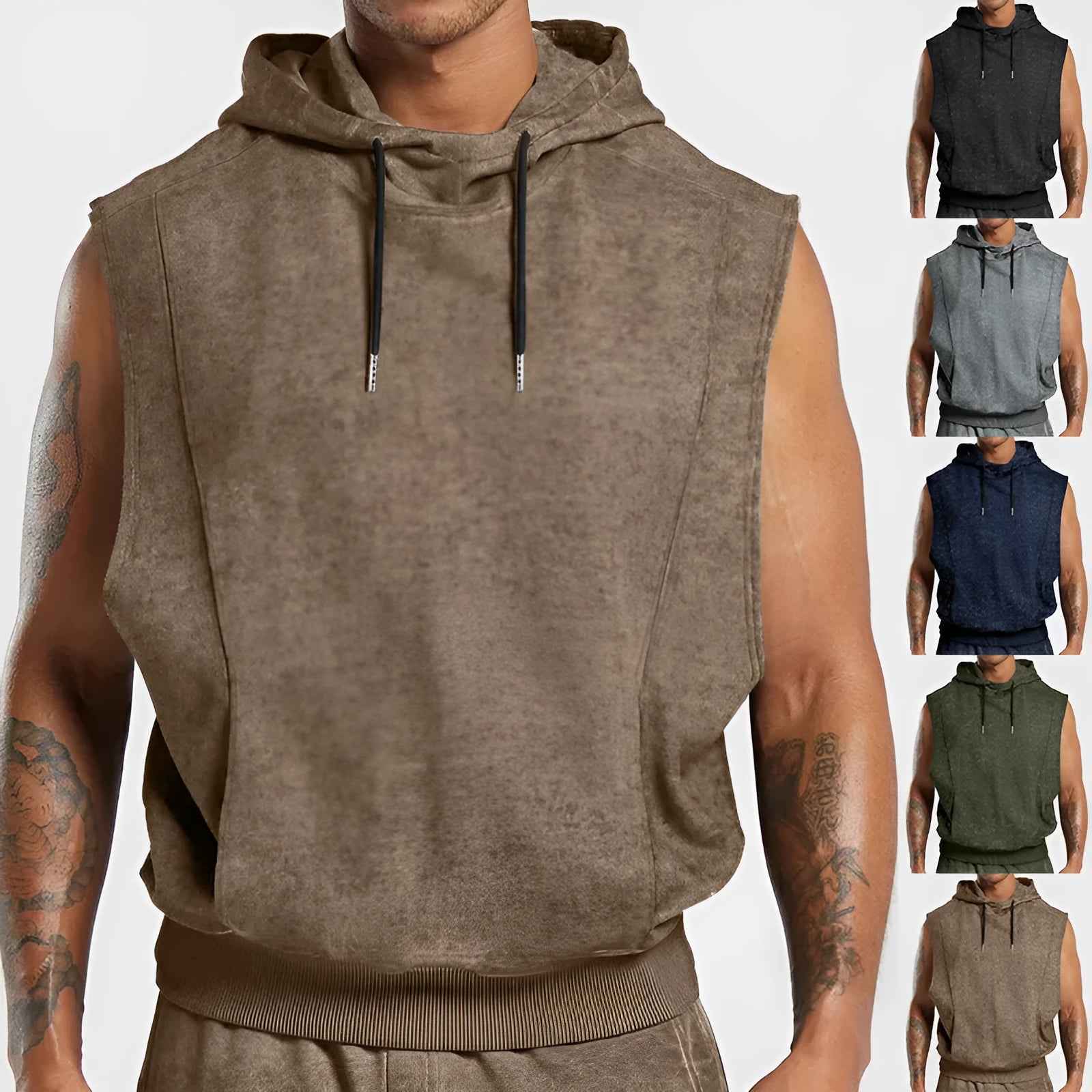 Men's distressed floral print sleeveless hooded top with 3D patch pocket