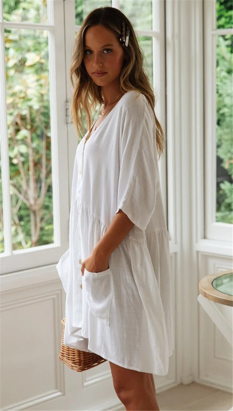 Women's rayon bamboo beach bikini blouse and loose button vacation skirt set in white and black