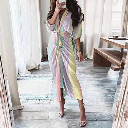 Elegant and chic floral print long-sleeved lace-up maxi dress with deep v-neck and empire waist