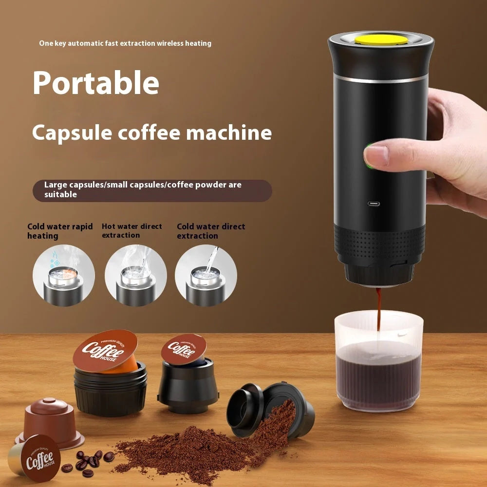 Portable 3-in-1 espresso maker with electric grinder and capsule compatibility in various colours