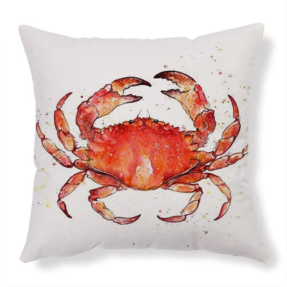 Decorative throw pillow covers featuring various marine-inspired designs like sea turtles, whales, octopus, and more on a linen background