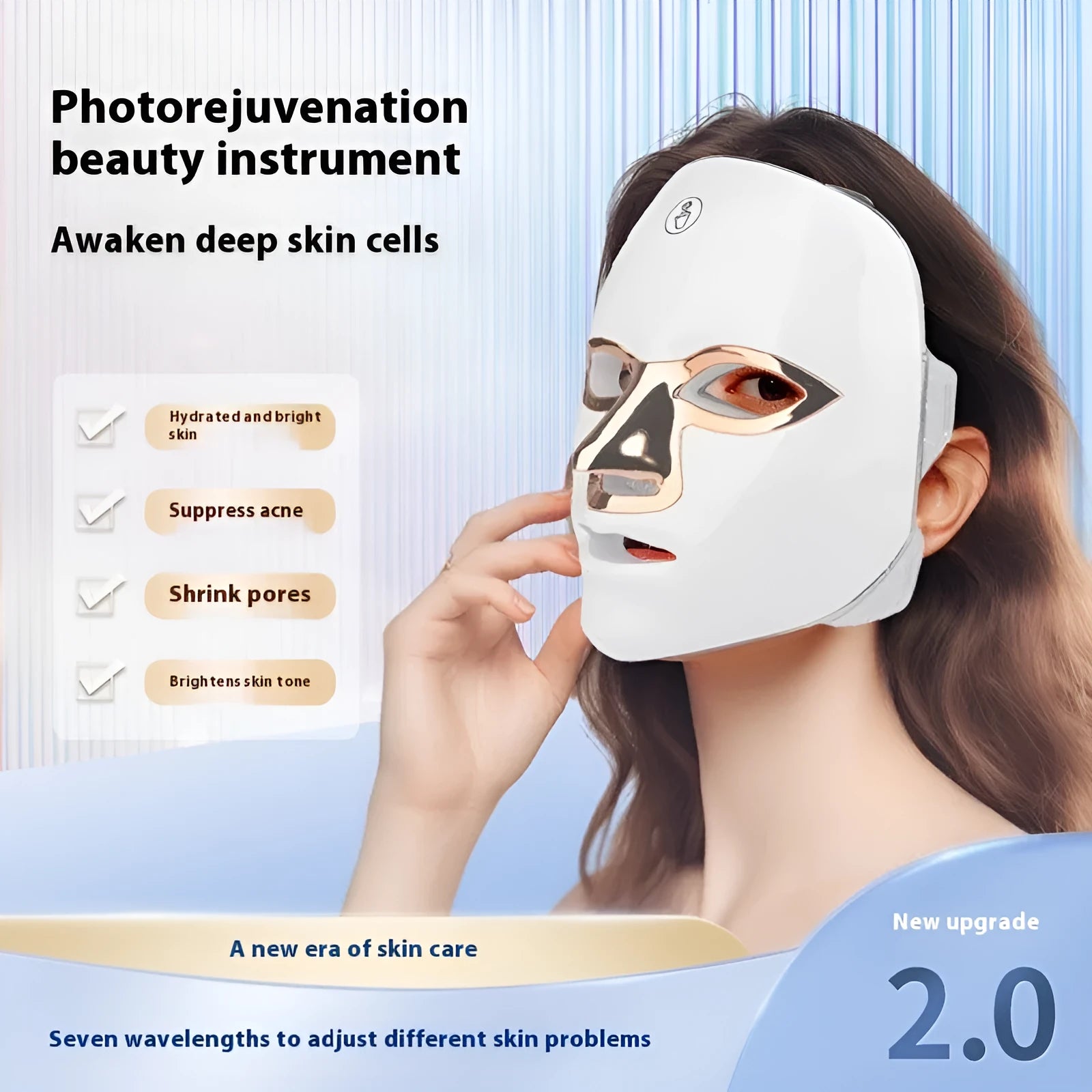 Rechargeable manual touch LED beauty mask in black golden edge, white golden edge, or white rose gold rim colour
