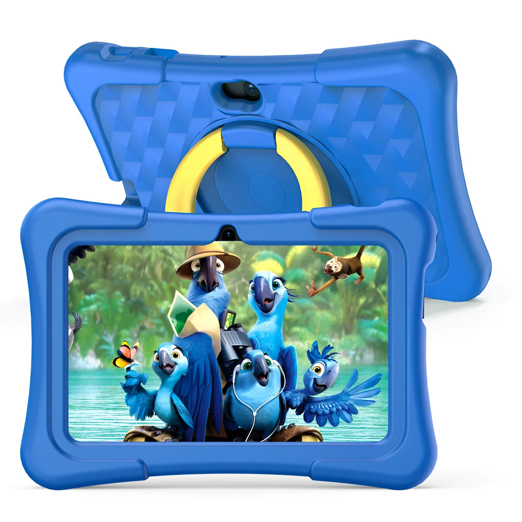 Blue children's 7-inch tablet with a silicone protective cover and a white rotating handle bracket attached.