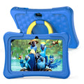 Blue children's 7-inch tablet with a silicone protective cover and a white rotating handle bracket attached.