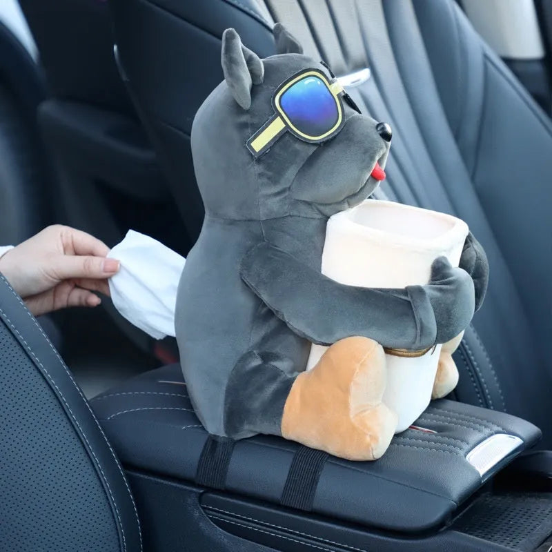 Plush hanging car tissue box organiser for the centre armrest in a choice of designs
