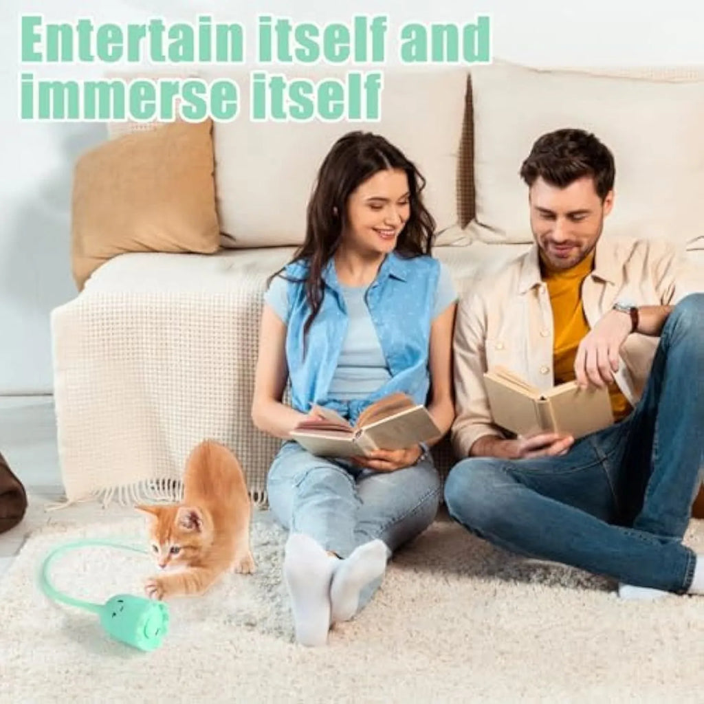 Green automatic cat wand toy with rotating silicone tails on a 38cm long wand for indoor cats
