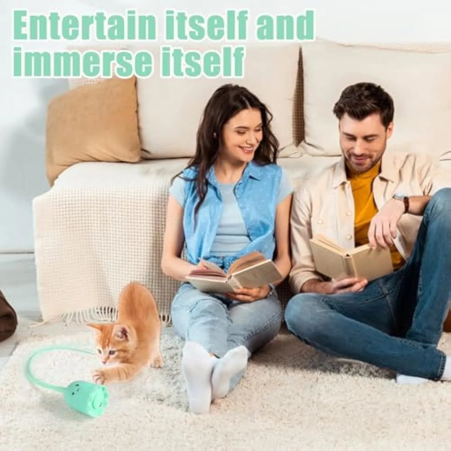 Green automatic cat wand toy with rotating silicone tails on a 38cm long wand for indoor cats