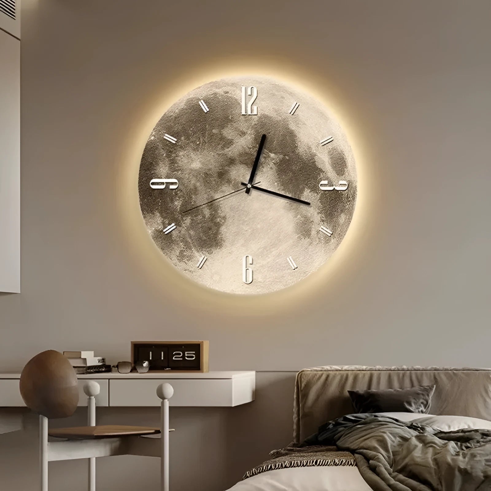 Wall clock with monthly calendar display showing optional LED ambient lighting around the perimeter