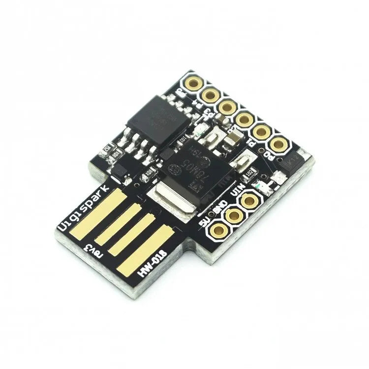 Black Micro USB development board with USB port, I/O pins, and power LED for Arduino IDE