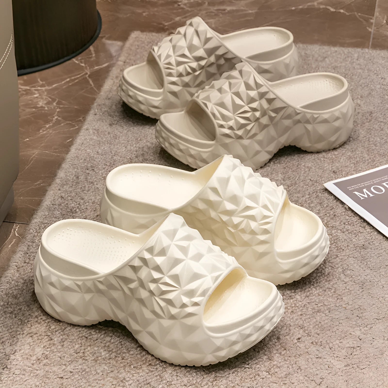EVA foam flip flop slippers with a thick sole in black, khaki, or white colour.