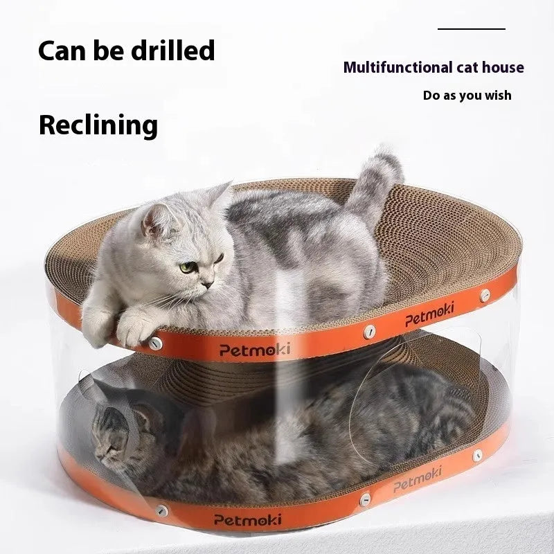 White transparent diamond-pattern cat scratch board and tunnel nest toy for indoor cats.