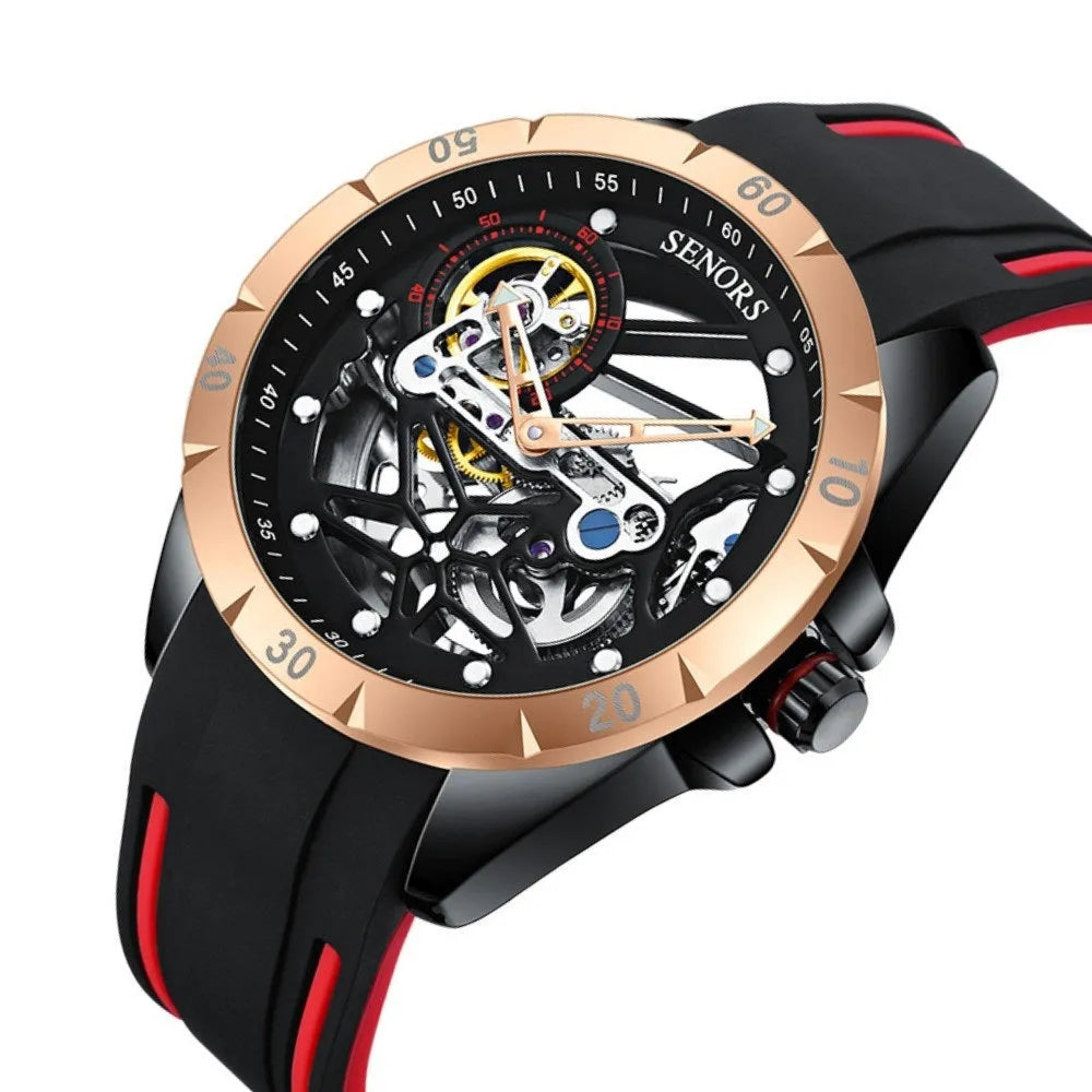 Automatic mechanical men's watch with skeleton dial in rose gold case
