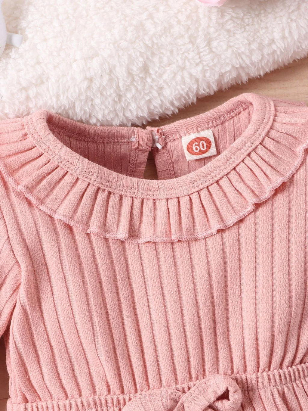Baby girls long sleeve cotton sunken stripe romper jumpsuit with headscarf in white, pink and brown for heights 60-100cm