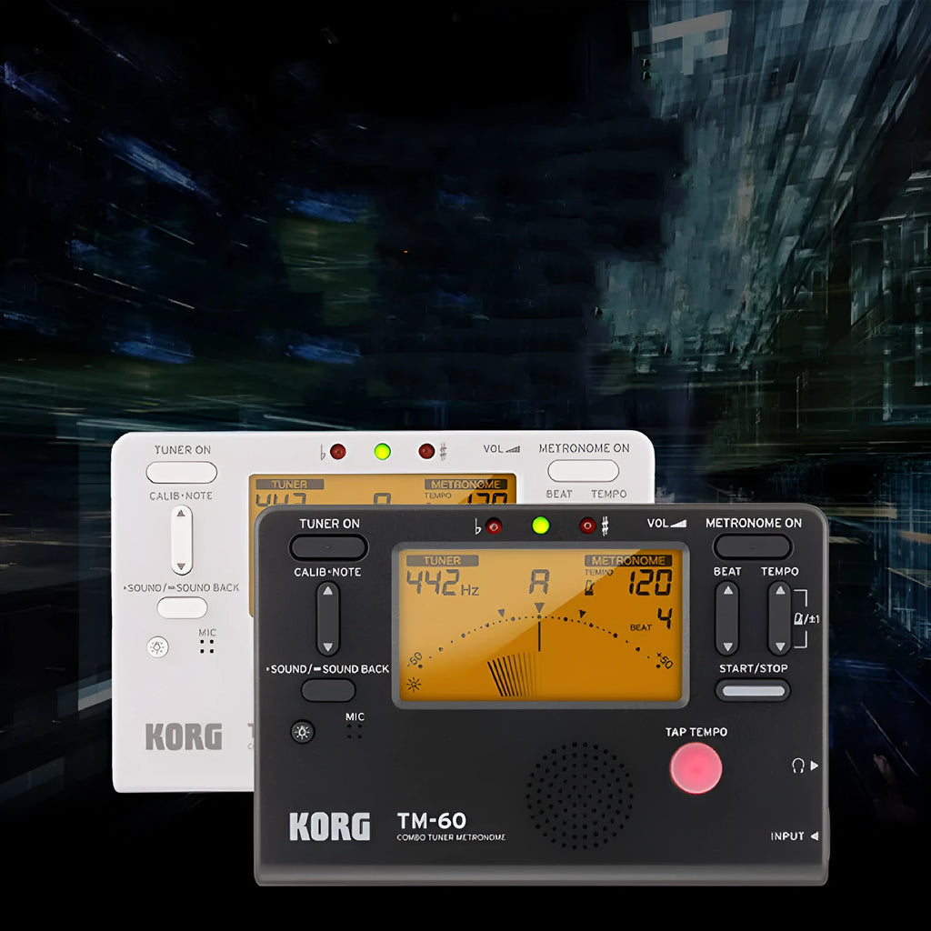 TM-60 Black and White digital metronome with display and controls for tempo and rhythm selection