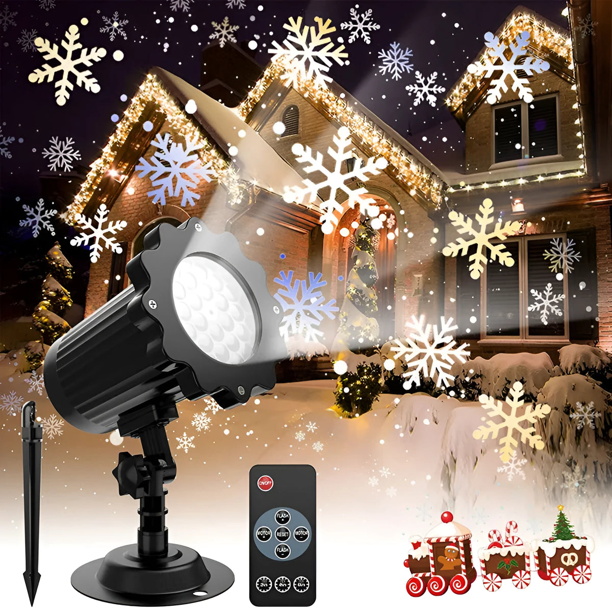 LED Christmas snowflake laser projector with white snowfall pattern on a garden lawn at night