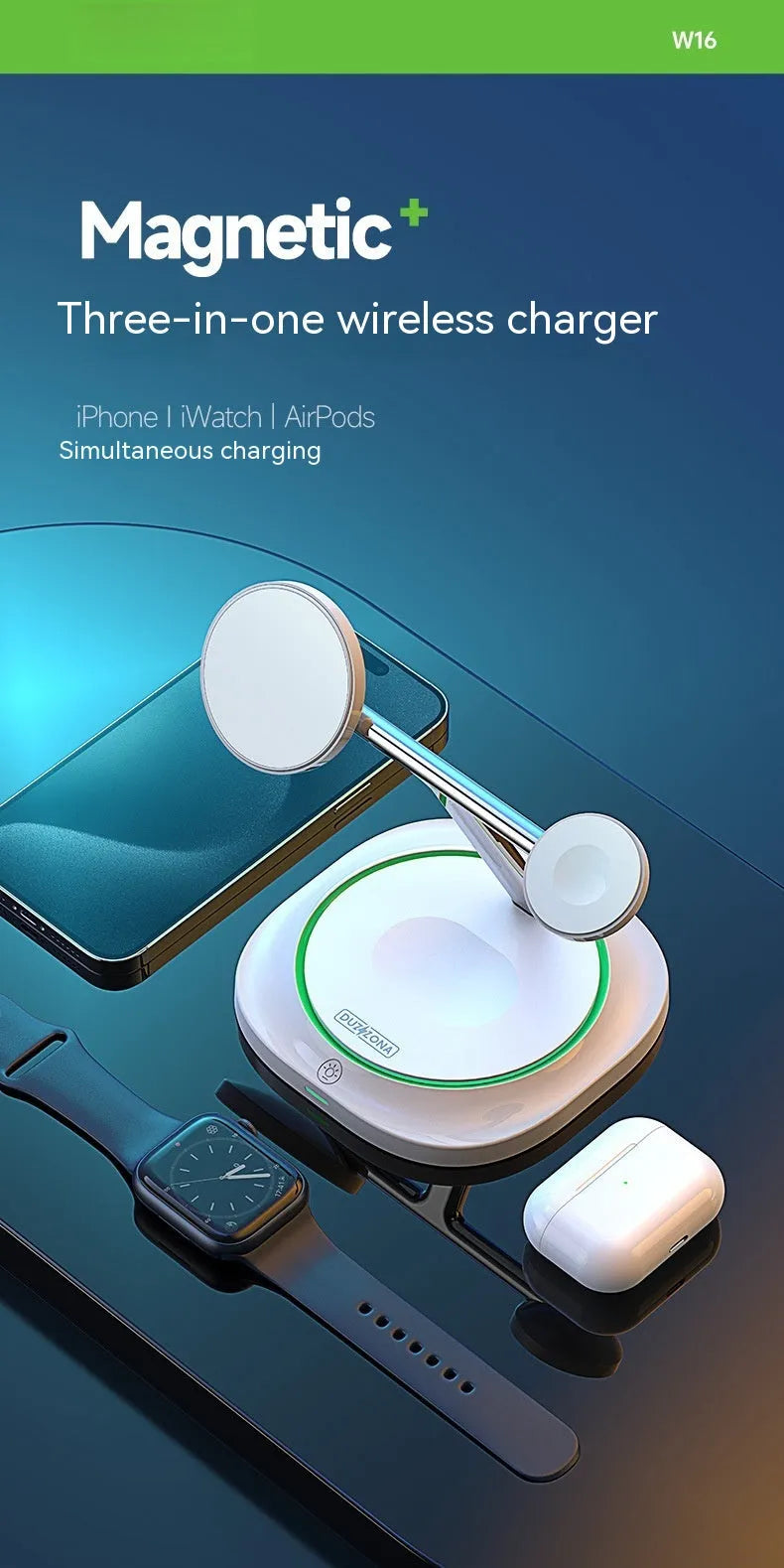 White three-in-one 15W magnetic suction wireless charger for phone earphone and watch on desk