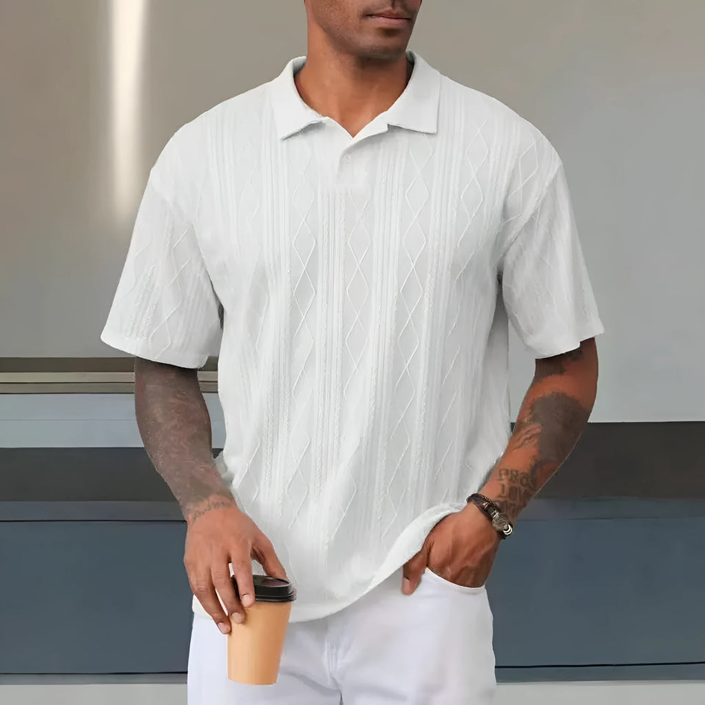 Retro button lapel short sleeve T-shirt in a cotton blend fabric, shown in a loose fit.