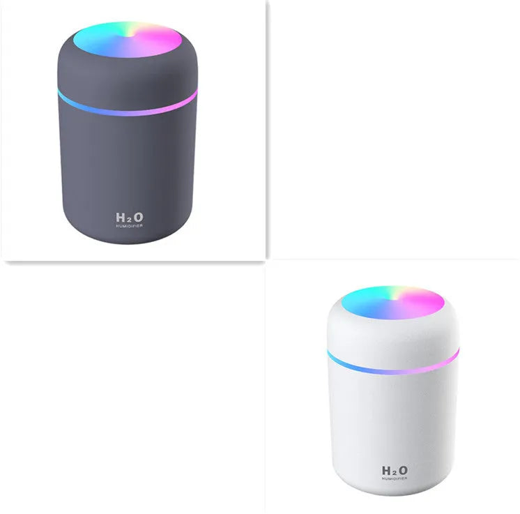 Pink USB desktop humidifier with colourful lights and 300ml water tank