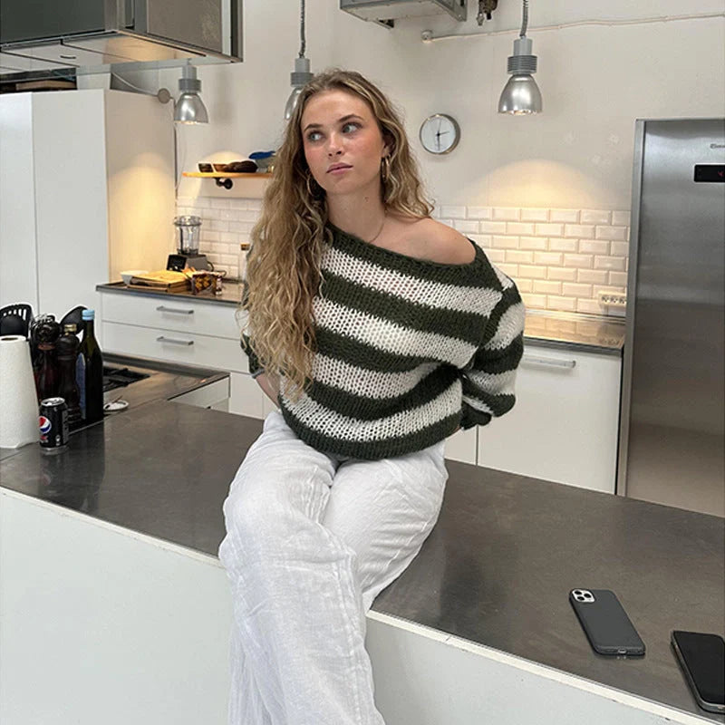 Women's loose striped pullover sweater in deer plush fabric, available in blue, army green, gray, and pink