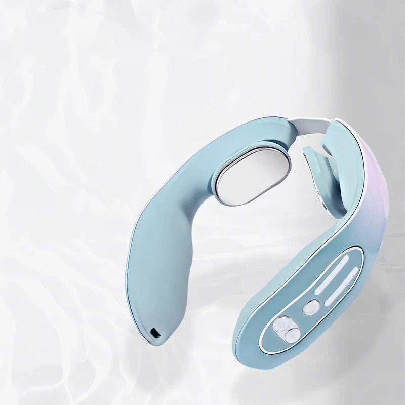 EMS Neck Massager with heat function in gradient blue, showing ergonomic design