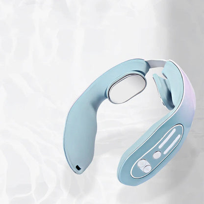 EMS Neck Massager with heat function in gradient blue, showing ergonomic design