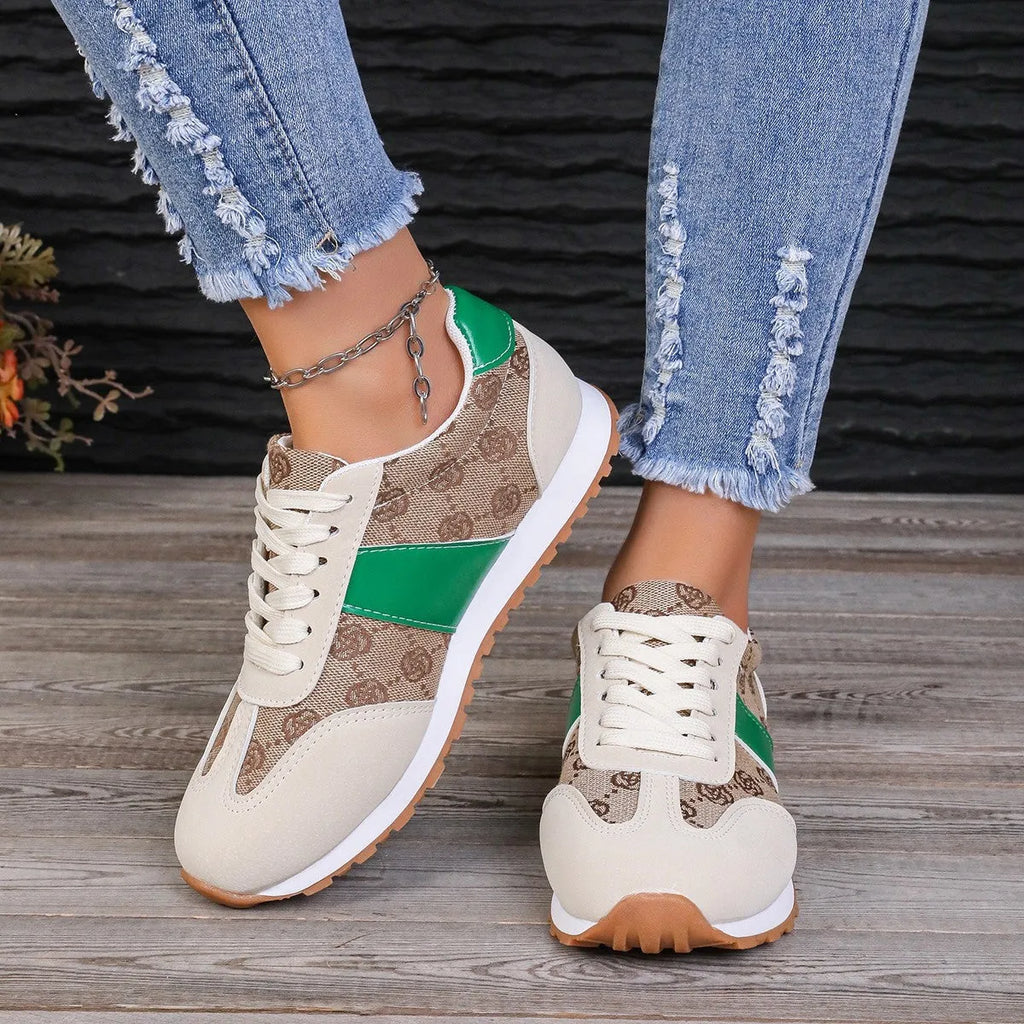 Women's casual lace-up shoes in khaki colour with cross-strap detail and round toe, flat heel profile