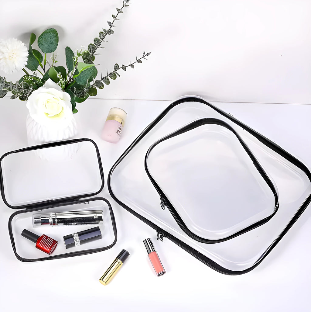 Transparent PET plastic zipper pencil case cube shape storage bag on white background