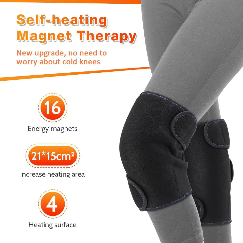 Black self-heating knee pad with magnet therapy and adjustable straps on a neutral background
