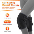 Black self-heating knee pad with magnet therapy and adjustable straps on a neutral background