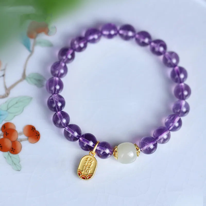 Women's amethyst crystal bracelet with 8mm geometric beads and national style design elements
