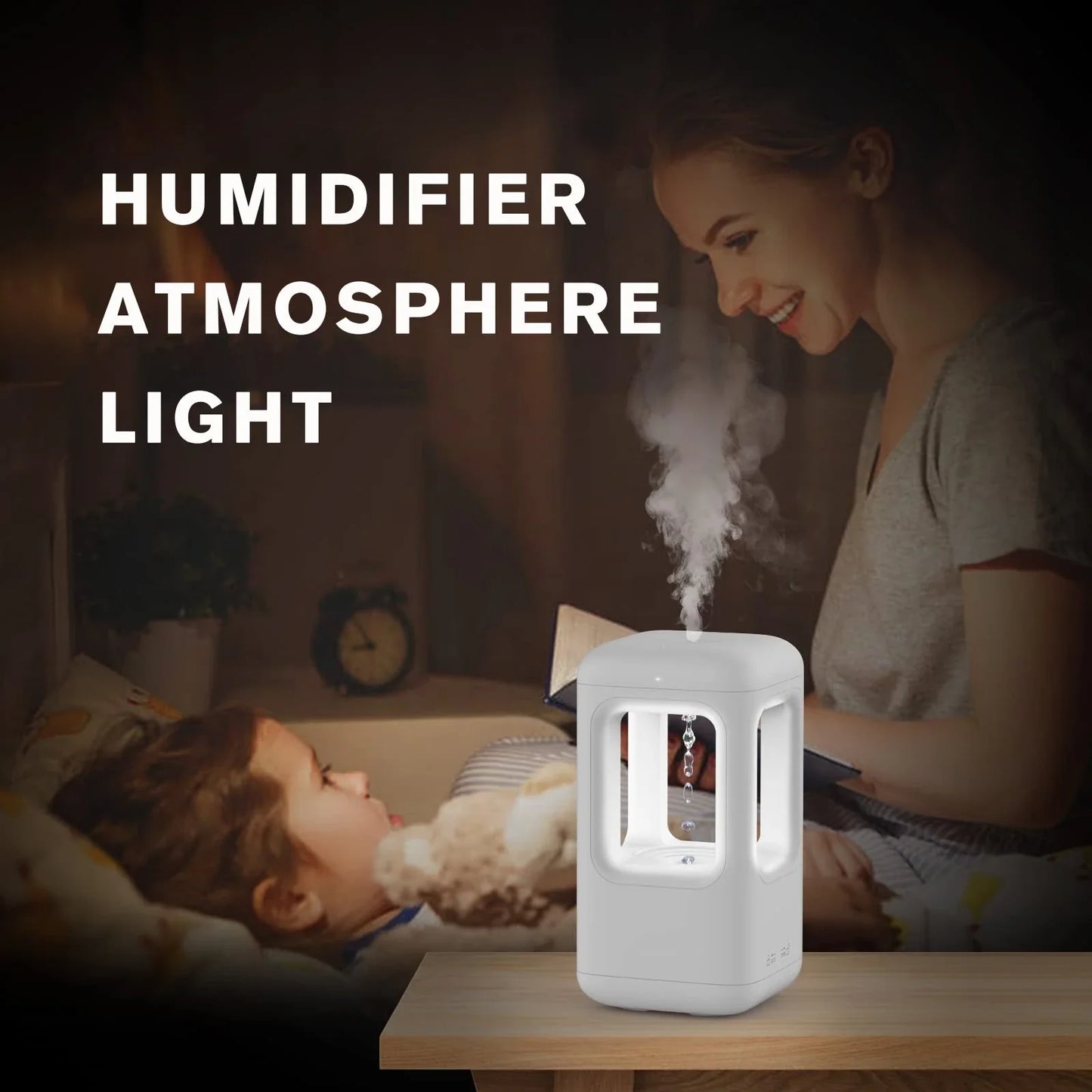 Whisper-quiet humidifier with captivating water drop effect, designed for optimal air quality and soothing ambiance in the bedroom