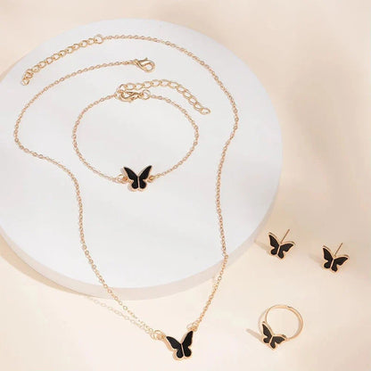 5-piece butterfly pendant jewellery set for women, including necklace, earrings, ring, and bracelet in various colours
