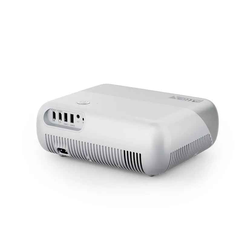 White portable WiFi HD 1080p projector with focus ring and remote control on a table