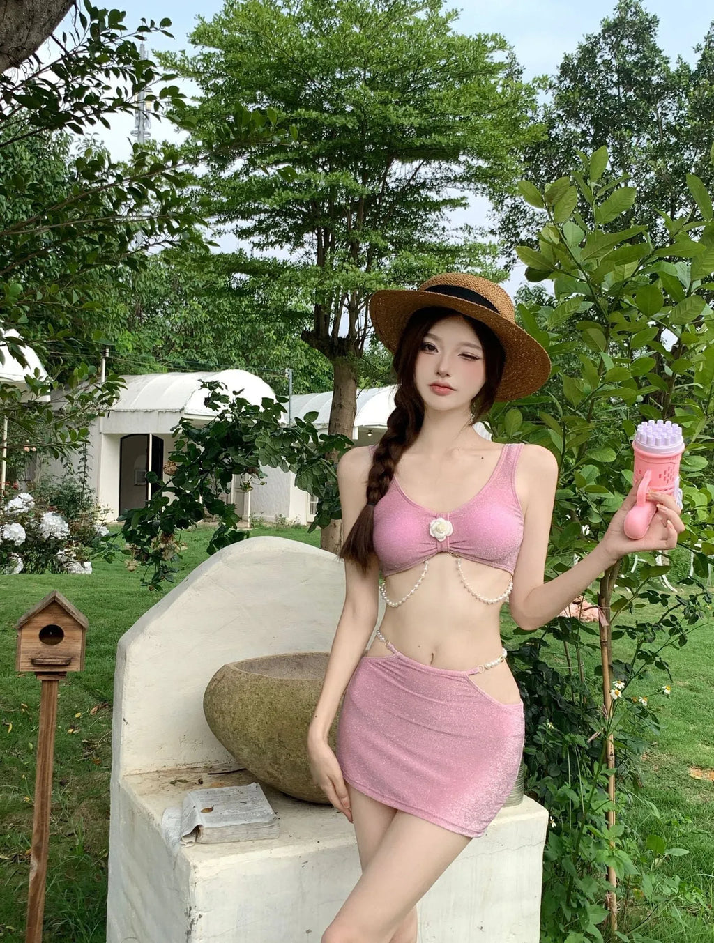 Bear Vacation women's three-piece bikini set in pink or black colours with briefs-style design