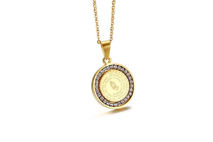Stainless steel rhinestone prayer scripture pendant with adjustable chain in gold and silver