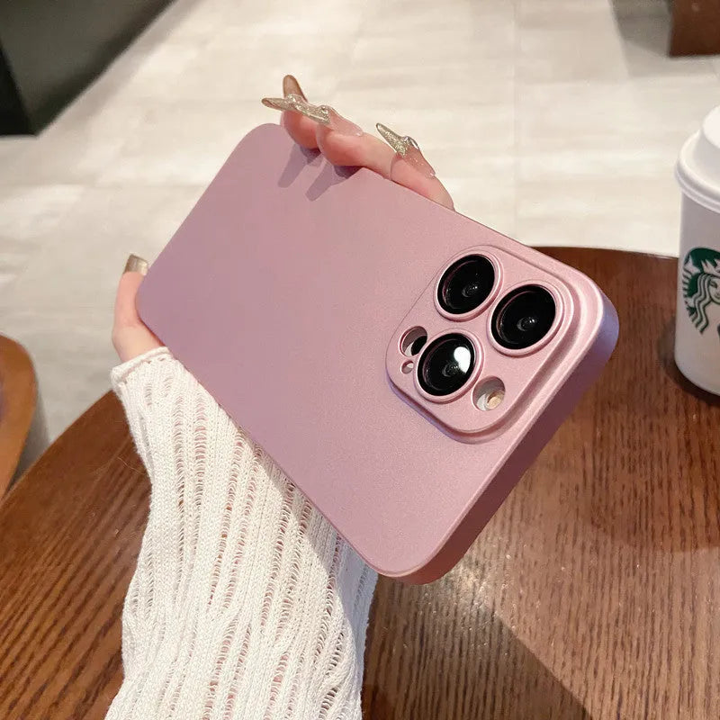 Ultra-thin frosted PC phone case with all-inclusive lens protection for iPhone, shown in Chinese Red