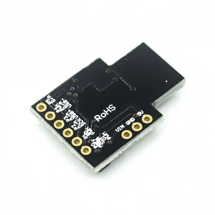 Black Micro USB development board with USB port, I/O pins, and power LED for Arduino IDE