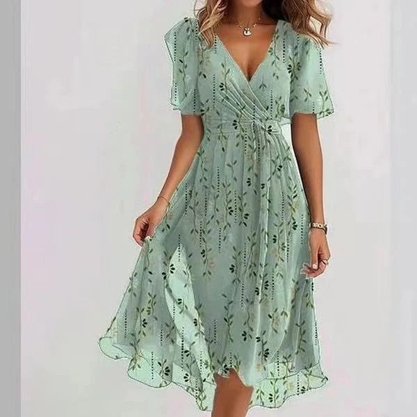 Chiffon printed short sleeve dress with V-neck for summer in various colours