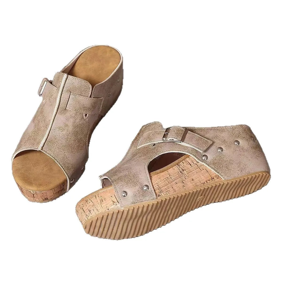 Plus size wedge sandals with rivet detailing, fish mouth open toe, PU upper, and rubber sole in black colour option.