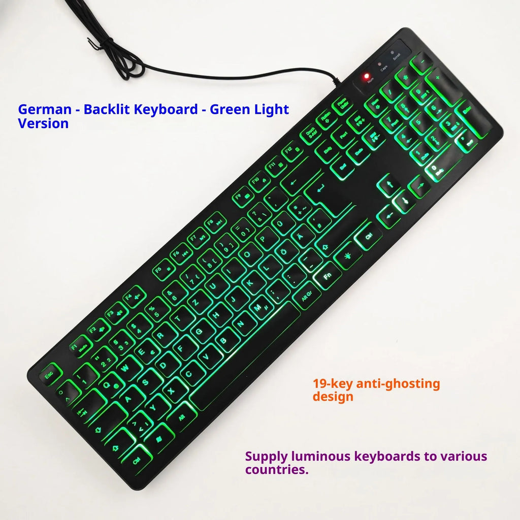 USB wired illuminant keyboard with colourful backlighting and multiple language layouts including Russian and Arabic