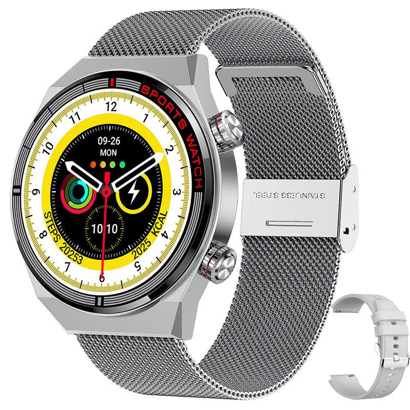 Smartwatch with rotary dial on case, genuine leather strap, and 1.3-inch display showing health stats.