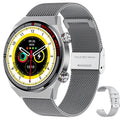 Smartwatch with rotary dial on case, genuine leather strap, and 1.3-inch display showing health stats.