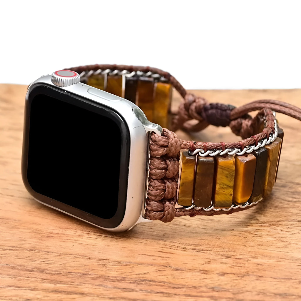 Rectangular tiger eye stone chain textile watch strap adjustable for 38-45mm watches