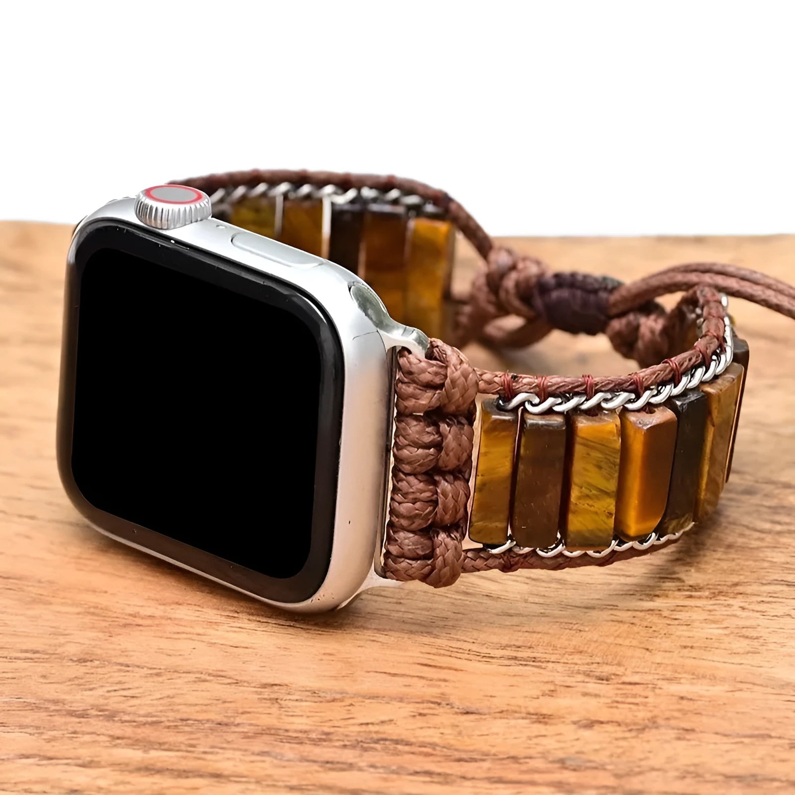 Rectangular tiger eye stone chain textile watch strap adjustable for 38-45mm watches